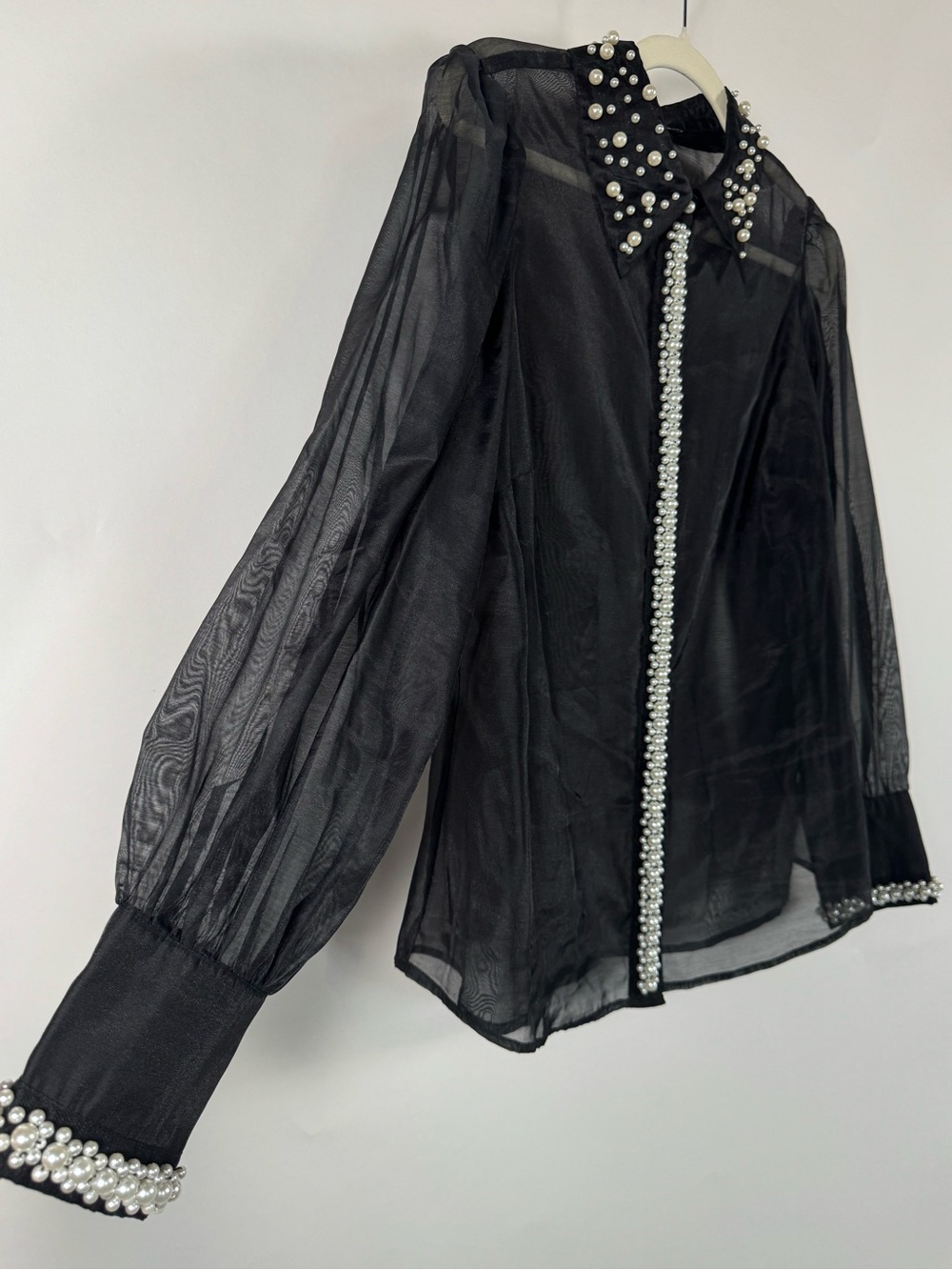 Boston Proper Black Sheer Pearl Embellished Button Down Blouse LG Goth Romantic - Picture 4 of 13